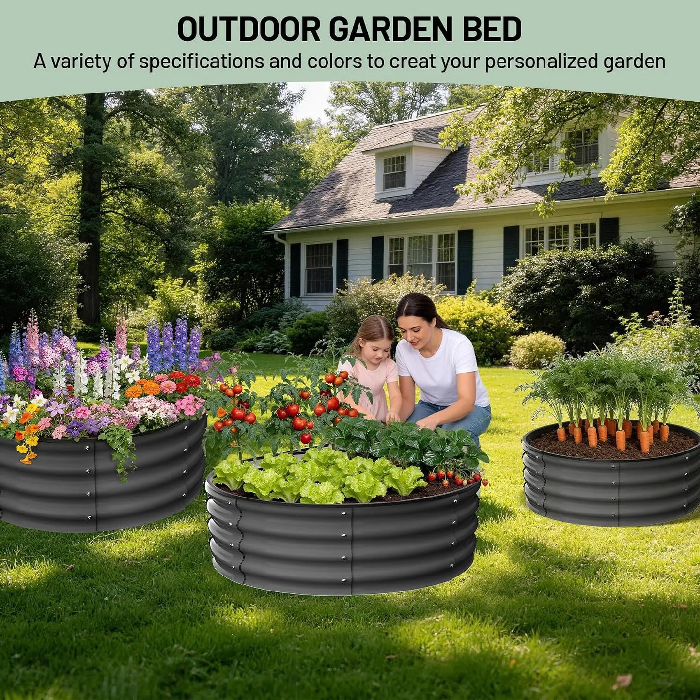 Tacleekii 2Pcs, 2x2x1 FT Round Raised Garden Bed, Galvanized Garden Beds, Metal Planter with Gloves and Rubber Edge Trim, for Vegetables, Flowers and Herbs