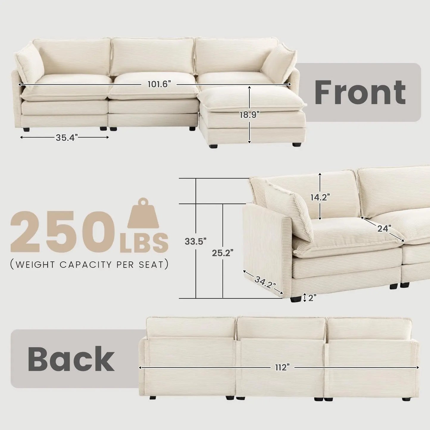 112 Inch 4 Seat Corduroy Sofa Set Convertible L Shaped Beige