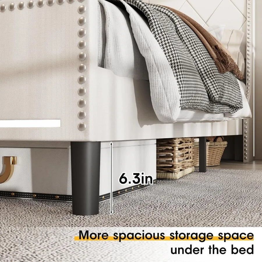 Queen Size Bed Frame With LED Headboard Builtin Charging Station And Storage