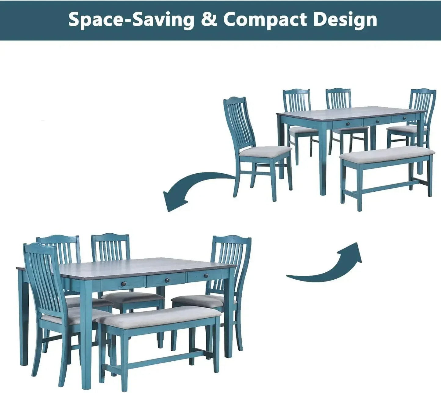 Dining Table Set for 6 with Chairs Blue Farmhouse Style
