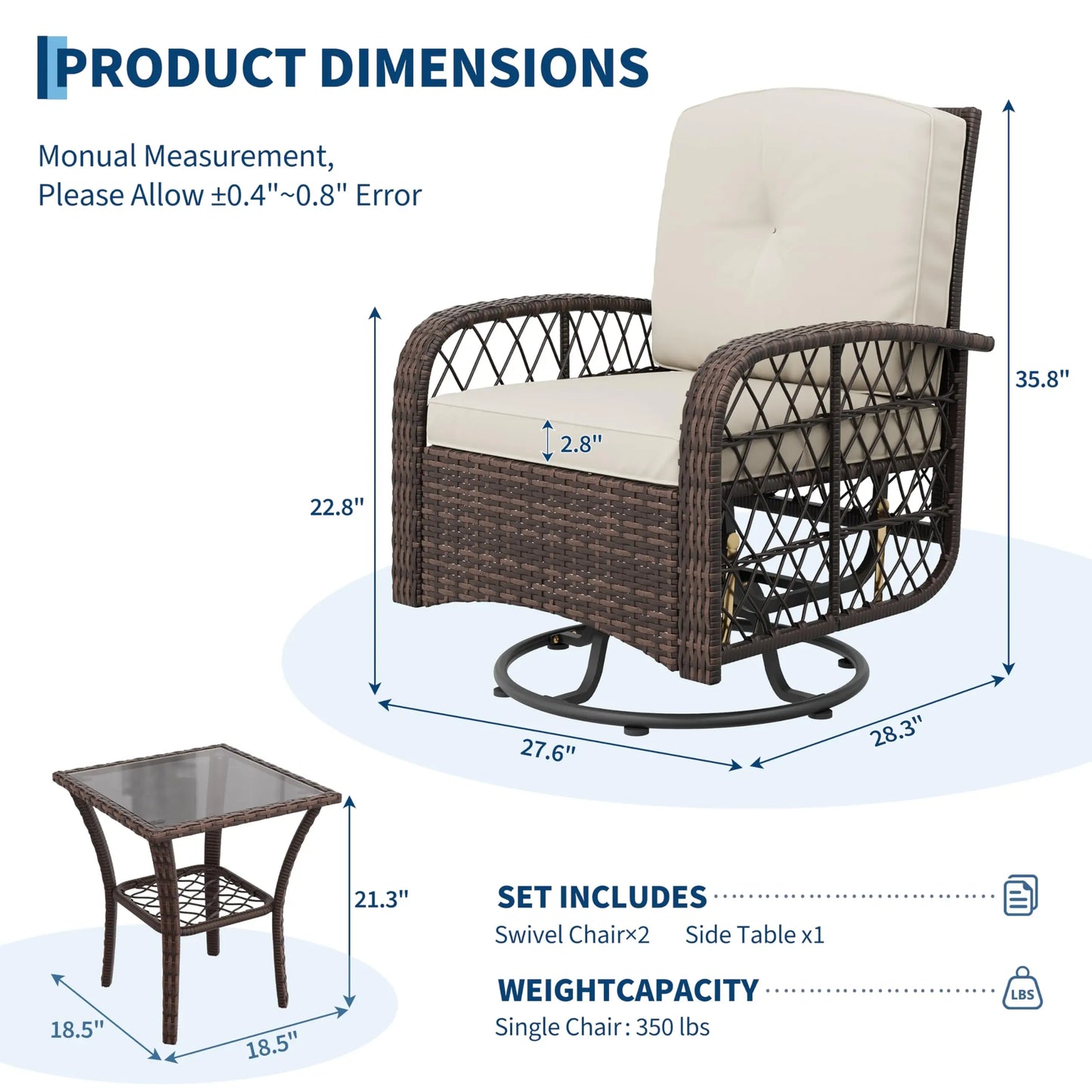 3 Piece Patio Furniture Set, Outdoor Swivel Glider Rocker Chairs With Washable Cushions & Glass Table For Porch Backyard