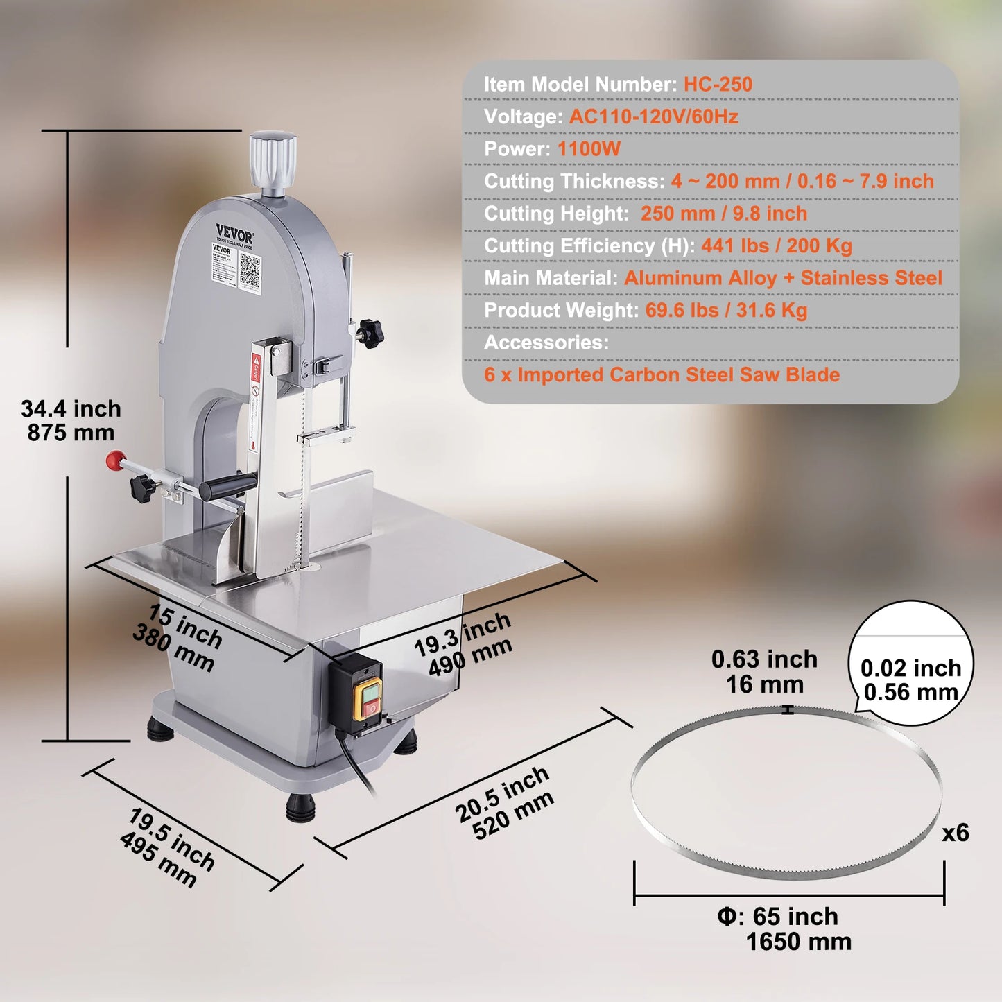 SucceBuy Commercial Electric Meat Bandsaw 1100W Stainless Workbeach 0.16-7.9 Inch Cutting Thickness with 6 Blades