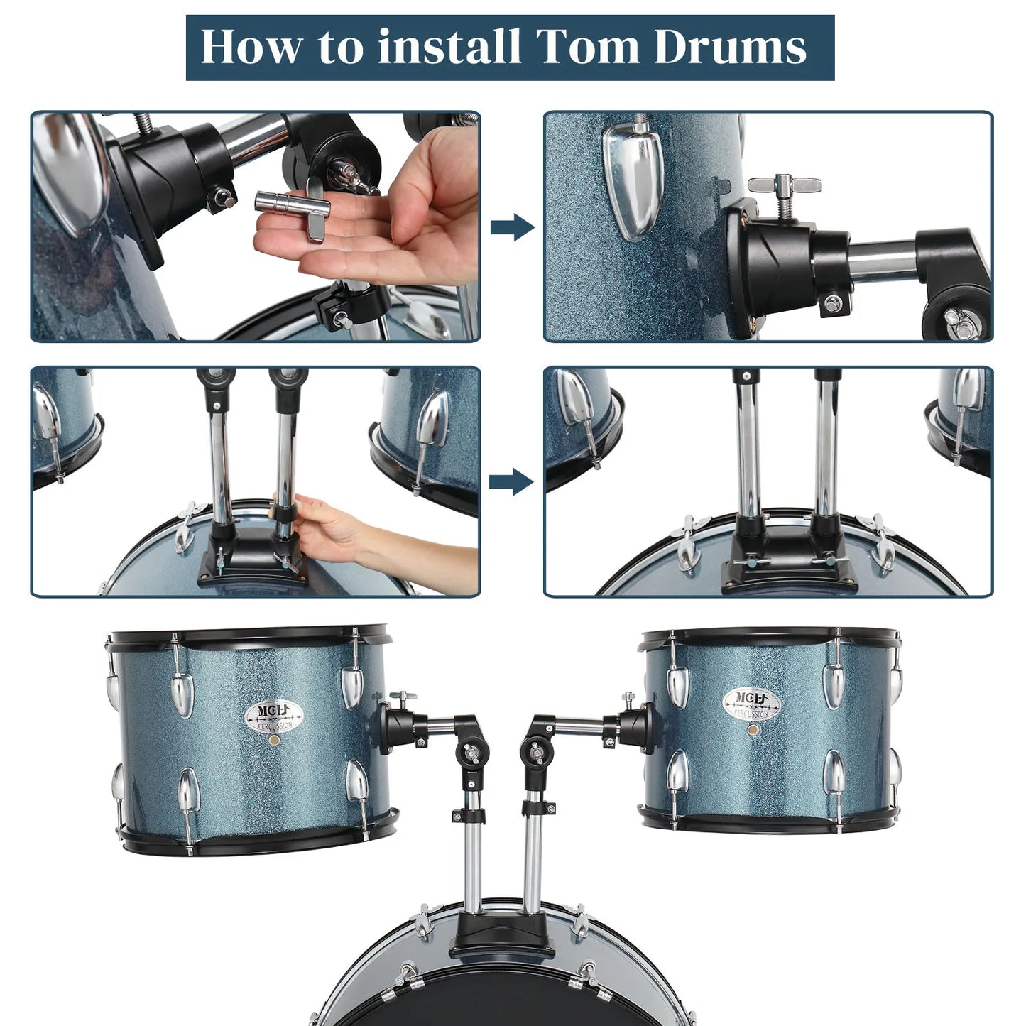 Full Size Adult 5 Piece Black Drum Set With Bass Drum Hi Hat Cymbals Crash Ride