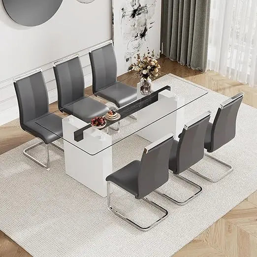 71Inch Glass Dining Table Set For 6 With Tempered Glass