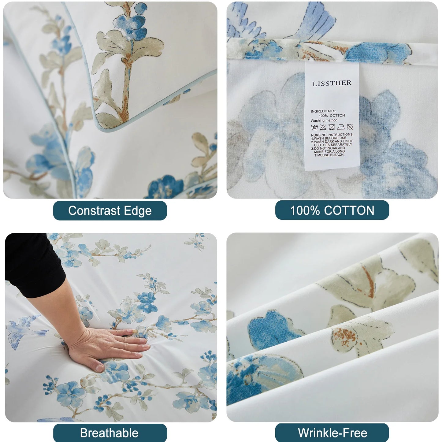 3Pcs 600TC 100 Percent Egyptian Cotton Duvet Cover Set Blue Watercolor Floral