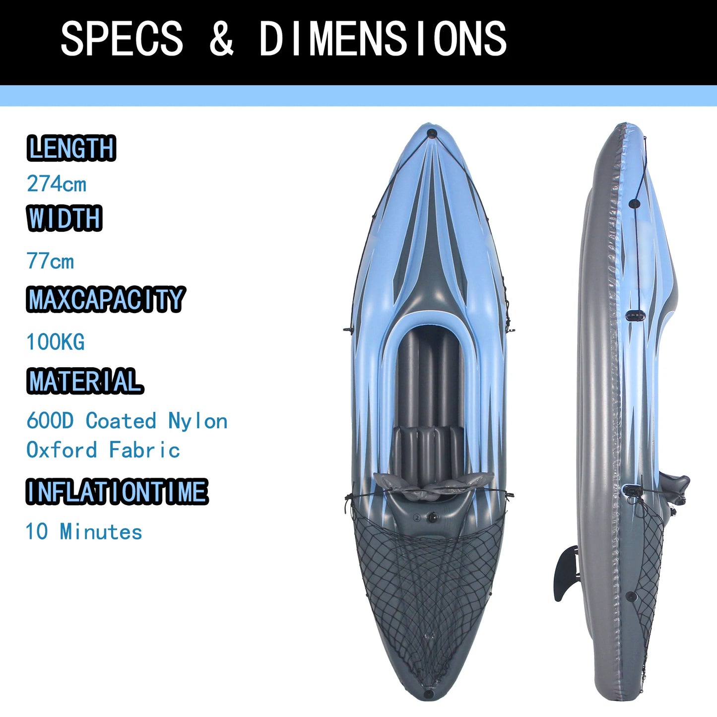 Blue Inflatable One Person Kayak Fishing Paddles Bag Seats High Output Pump Fin