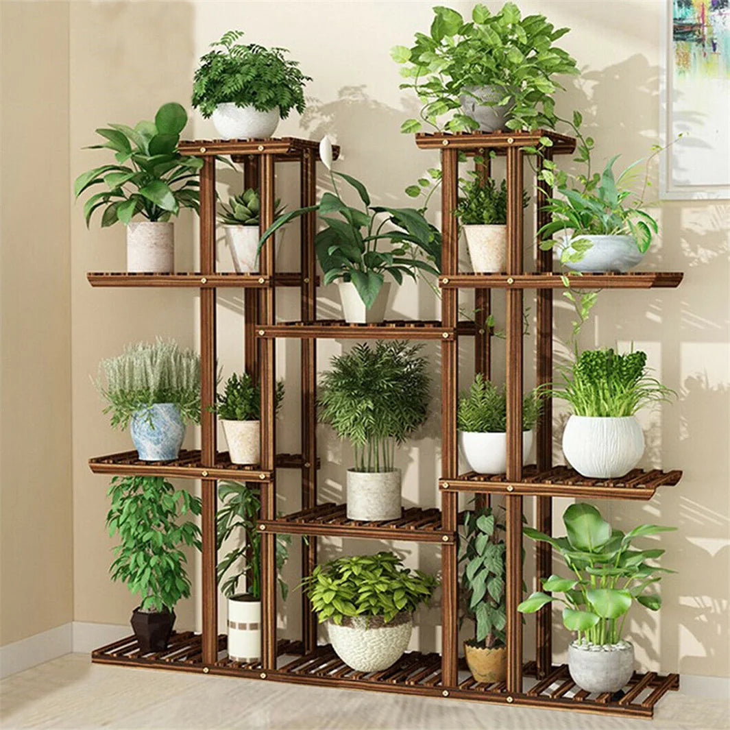 11 Tier Wood Plant Stand Carbonized High Widen Pot Display Shelf Holder Flower Shop Office Garden Indoor Outdoor Decor