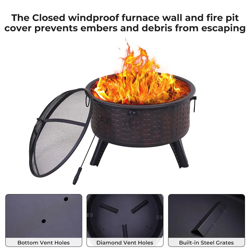 26 Inch Outdoor Wood Burning Fire Pit With Poker And Cover