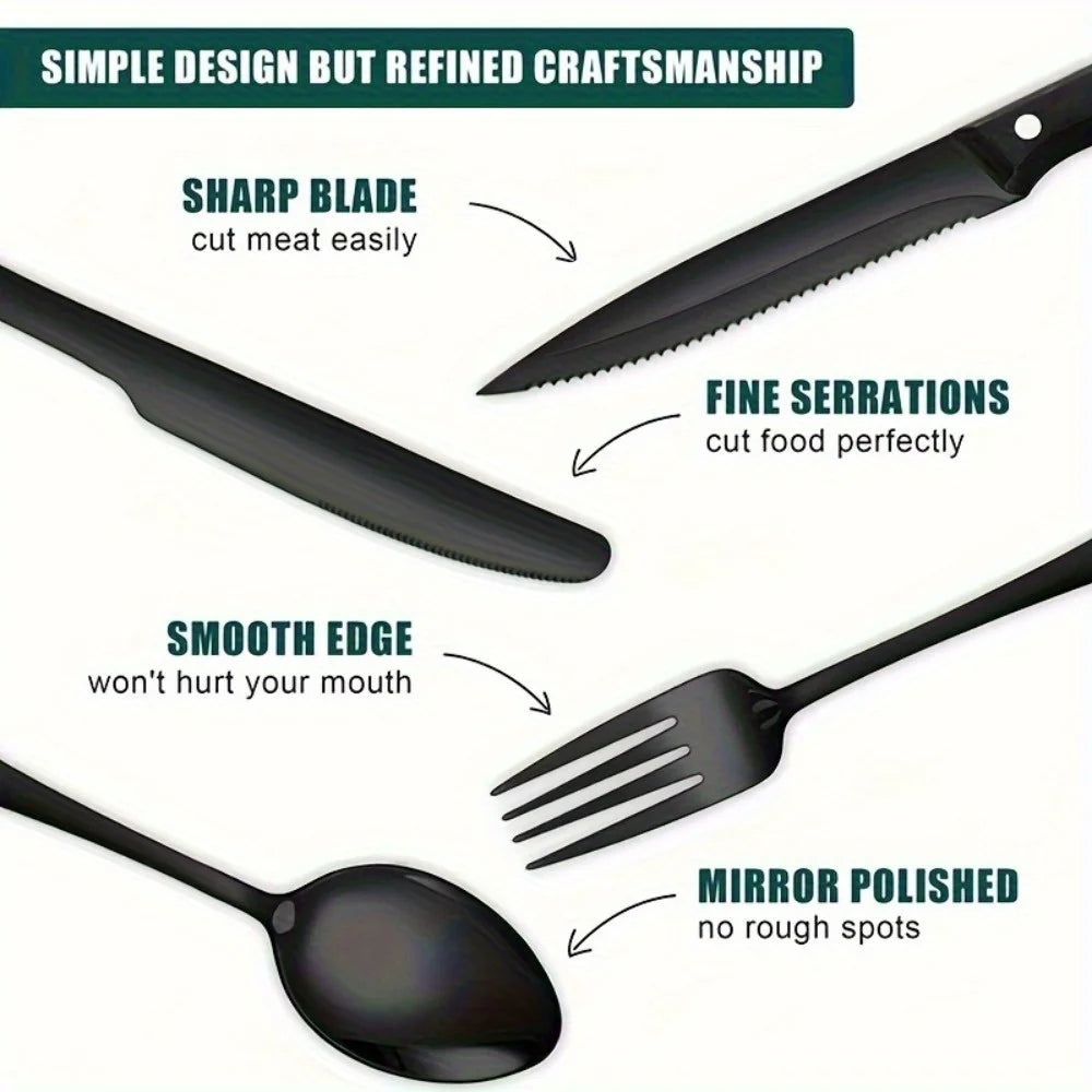 36-Piece Black Flatware Set With Steak Knives Food-Grade Stainless Steel Cutlery