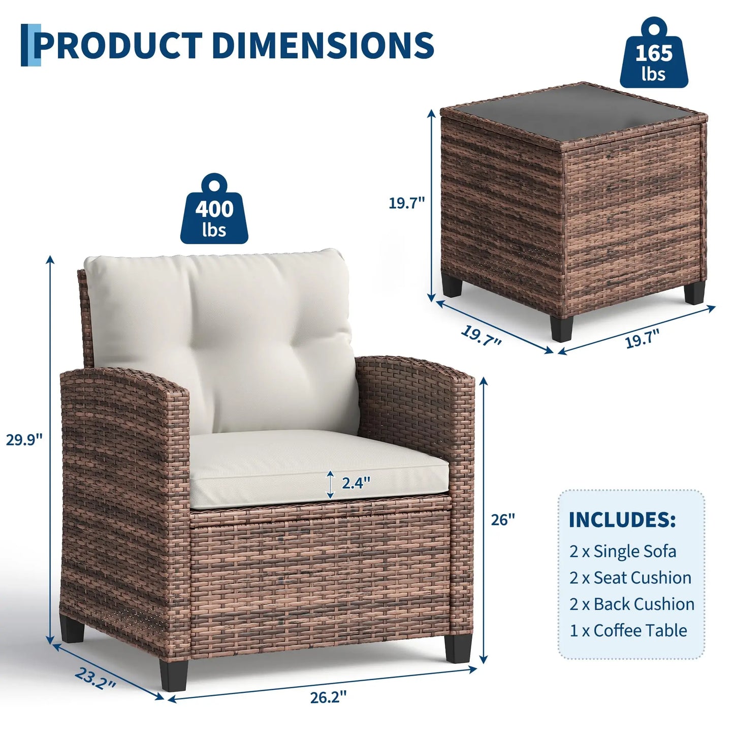 Outdoor Bistro Set 3-Piece Wicker Patio Furniture Rattan Seating With Coffee Table & Washable Cushions For Garden Backyard