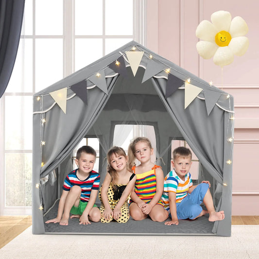 3-4 Kids Large Play Tent House w/ 2 Opening Doors Star Lights & Plaid Pennants