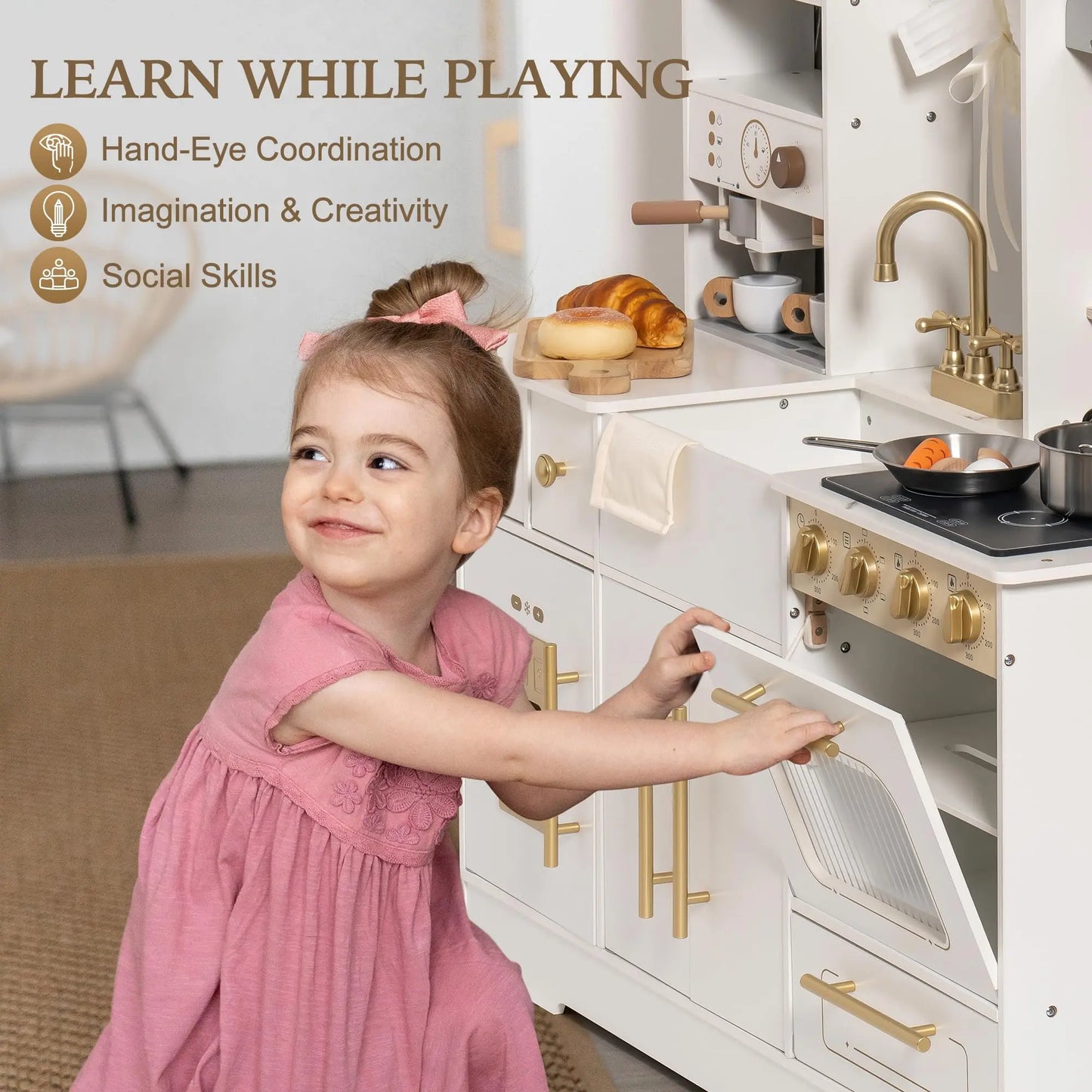 ROBOTIME Wooden Play Kitchen Toy Kitchen Set with Ice Maker and Coffee Machine Realistic Kitchen Set Gift for Toddlers