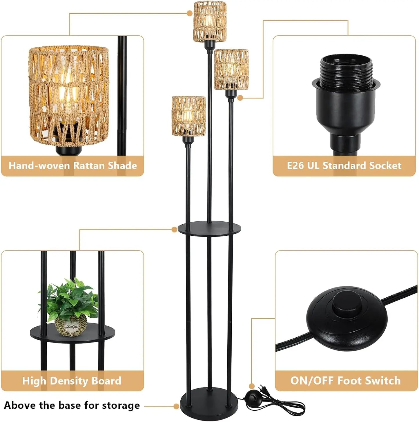 Boho Rattan 3-Light Floor Lamp with Shelves and Foot Switch for Living Room Bedroom Office