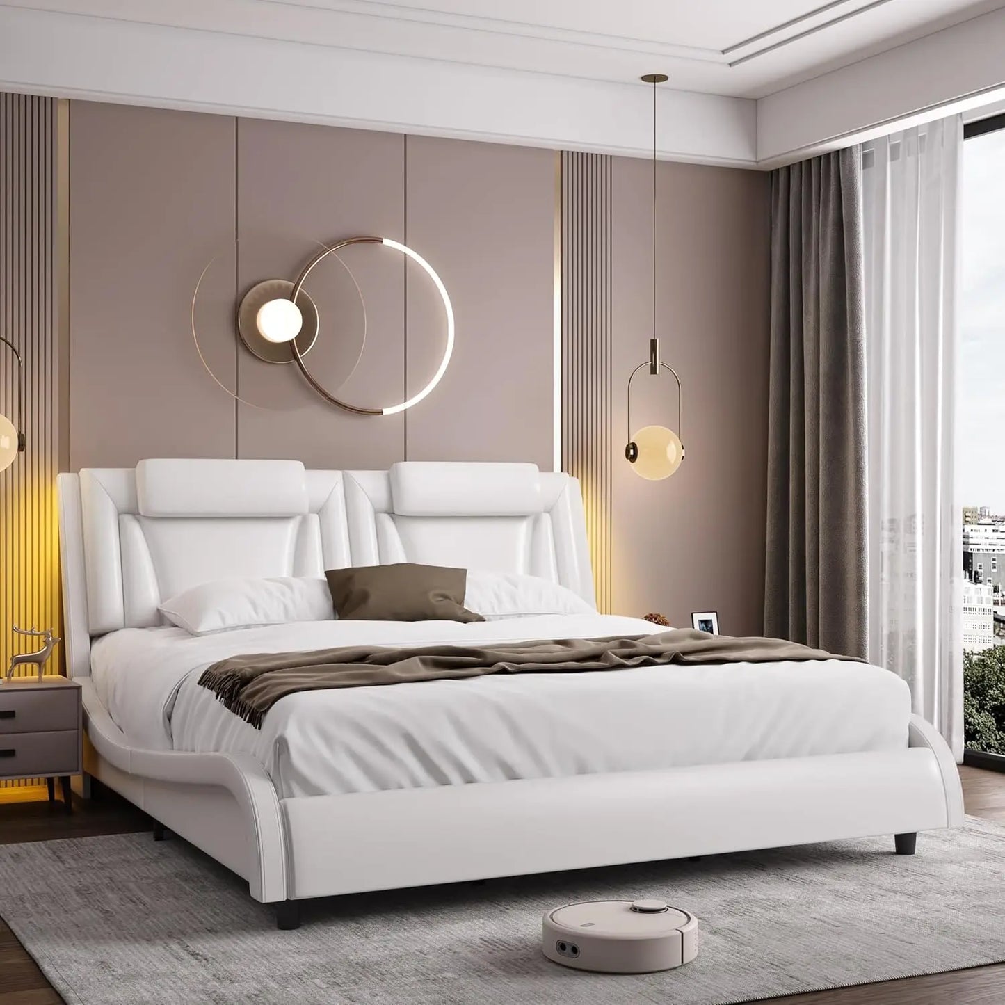 Bed frame, Adjustable LED Headboard Wave-Like Curve Design Solid Wooden Slats Support No Box Spring Needed, Bedroom Furniture