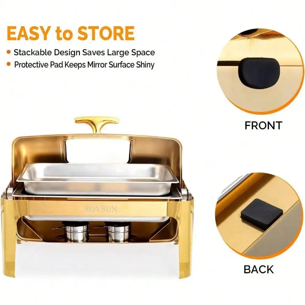 Gold 9 Quart Roll Top Chafing Dish Buffet Set Stainless Steel With Fuel Holder