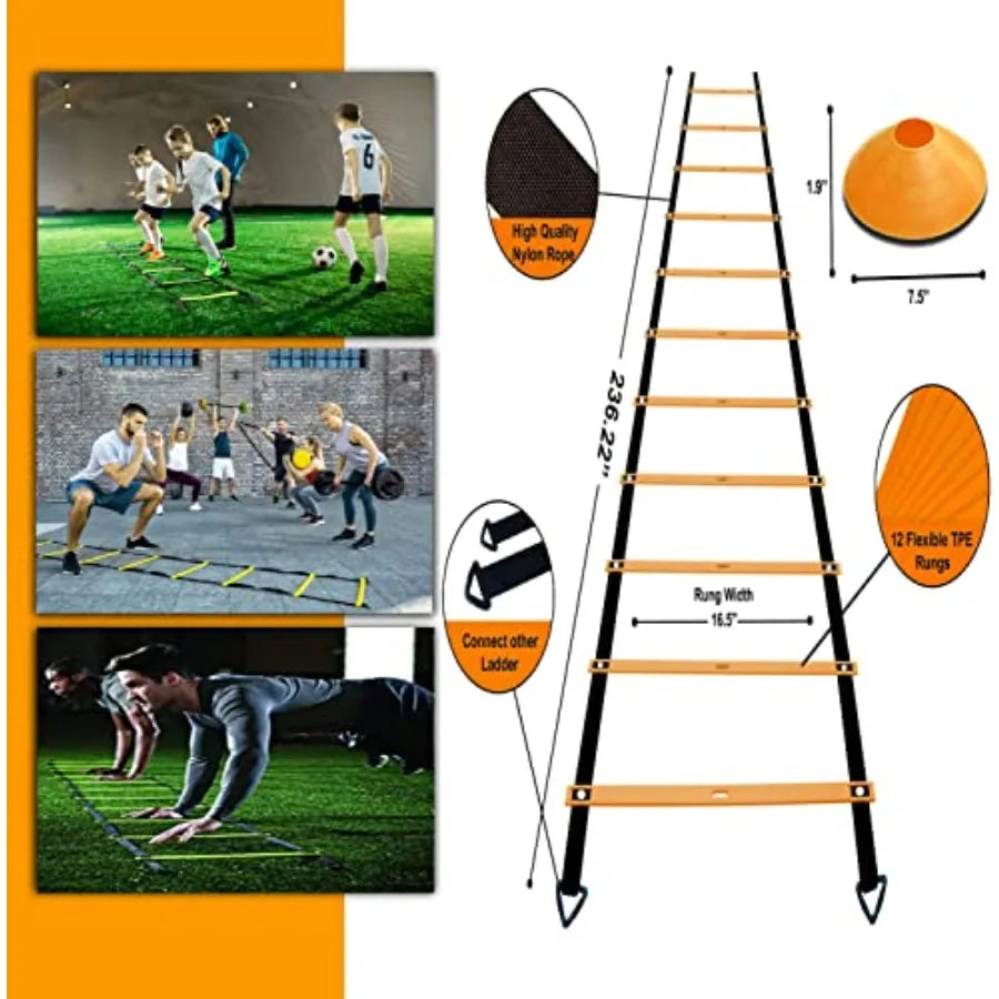 Agility Ladder Set 20 Feet With 4 Hurdles And Cones Jump Rope Parachute Training