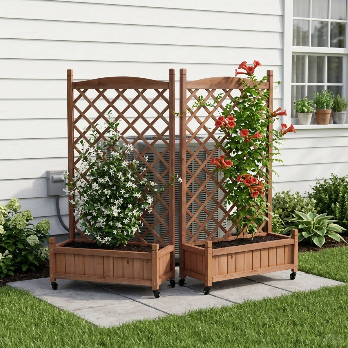Raised Garden Bed with Trellis 2 Pack, Outdoor Wooden Planter Box & Plant Stand with Climbing Racks    RR