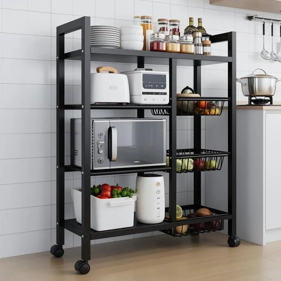 Movable Storage Rack Four Tier Metal Kitchen Shelving With 3 Wire Baskets Wheeled