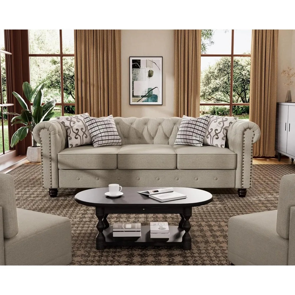 Classic Chesterfield Sofa Set 82'', Tufted Sofa Couch Set with Solid Wood Legs Thick Cushion, Pet-Friendly 3-Seater Sofas