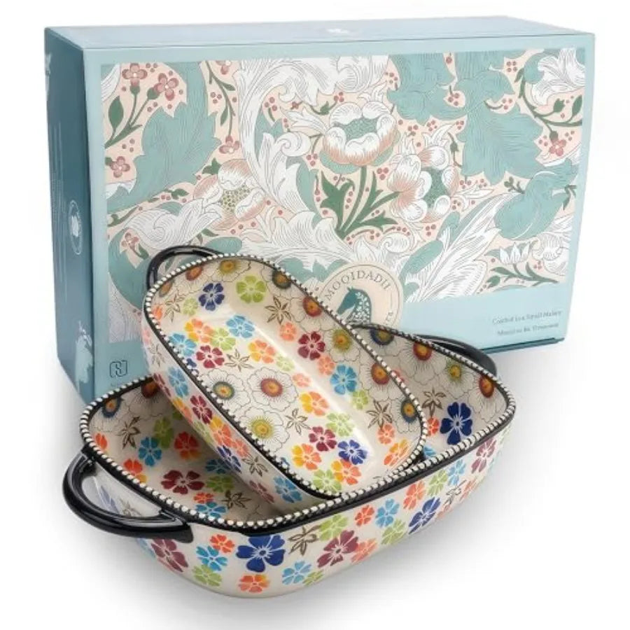 Polish Pottery Style Ceramic Baking Dish Set 2 Piece Floral Casserole Oven Safe