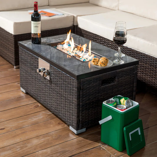 Outdoor Propane Fire Pit Table Rattan With Marble Tile Top
