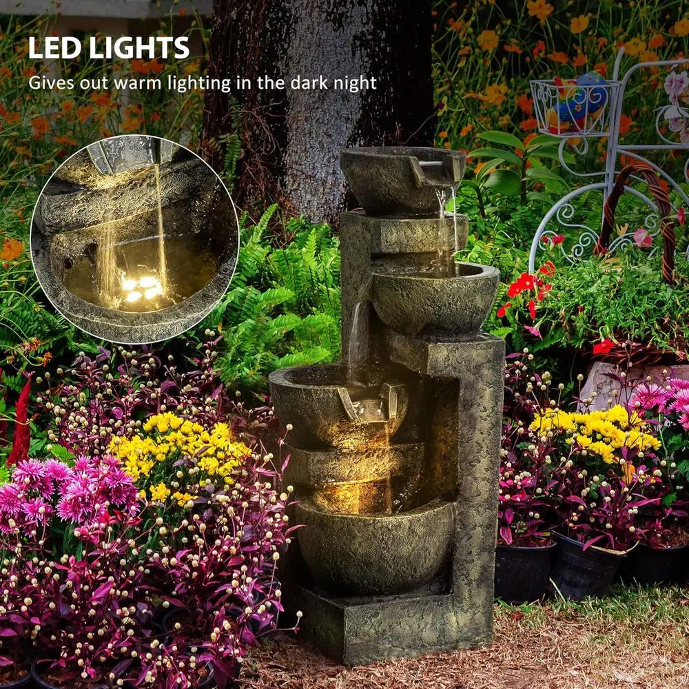 4-Tier Stone Bowl Waterfall with Cascading Water, Adjustable Flow & LED Lights, Ideal for Zen Gardens and Outdoor Spaces in Gray