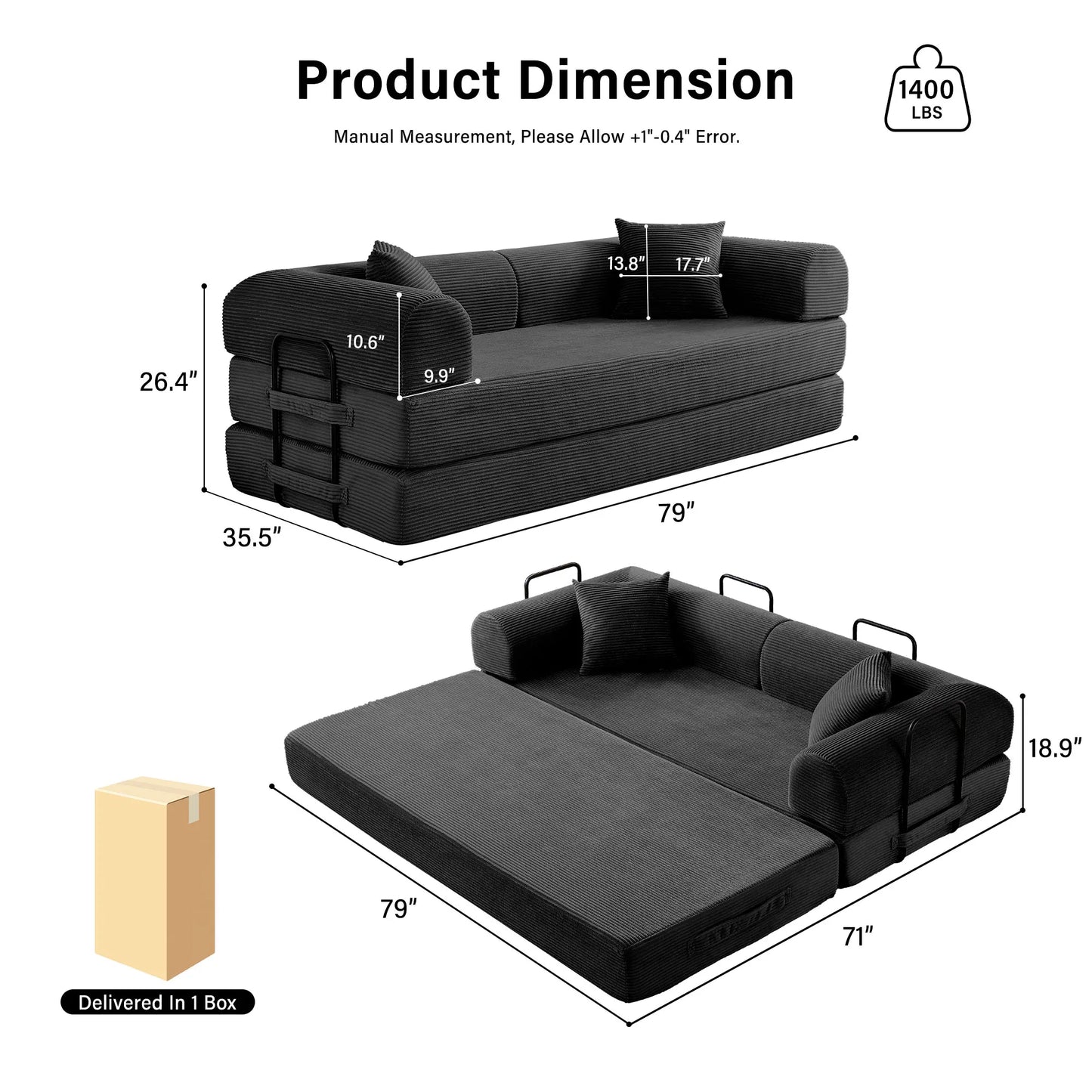 79 Inch Foldable Convertible Futon Sofa Bed With L Shaped Armrests