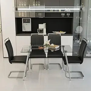 Glass Dining Table Set For 4 Modern Rectangle Chairs