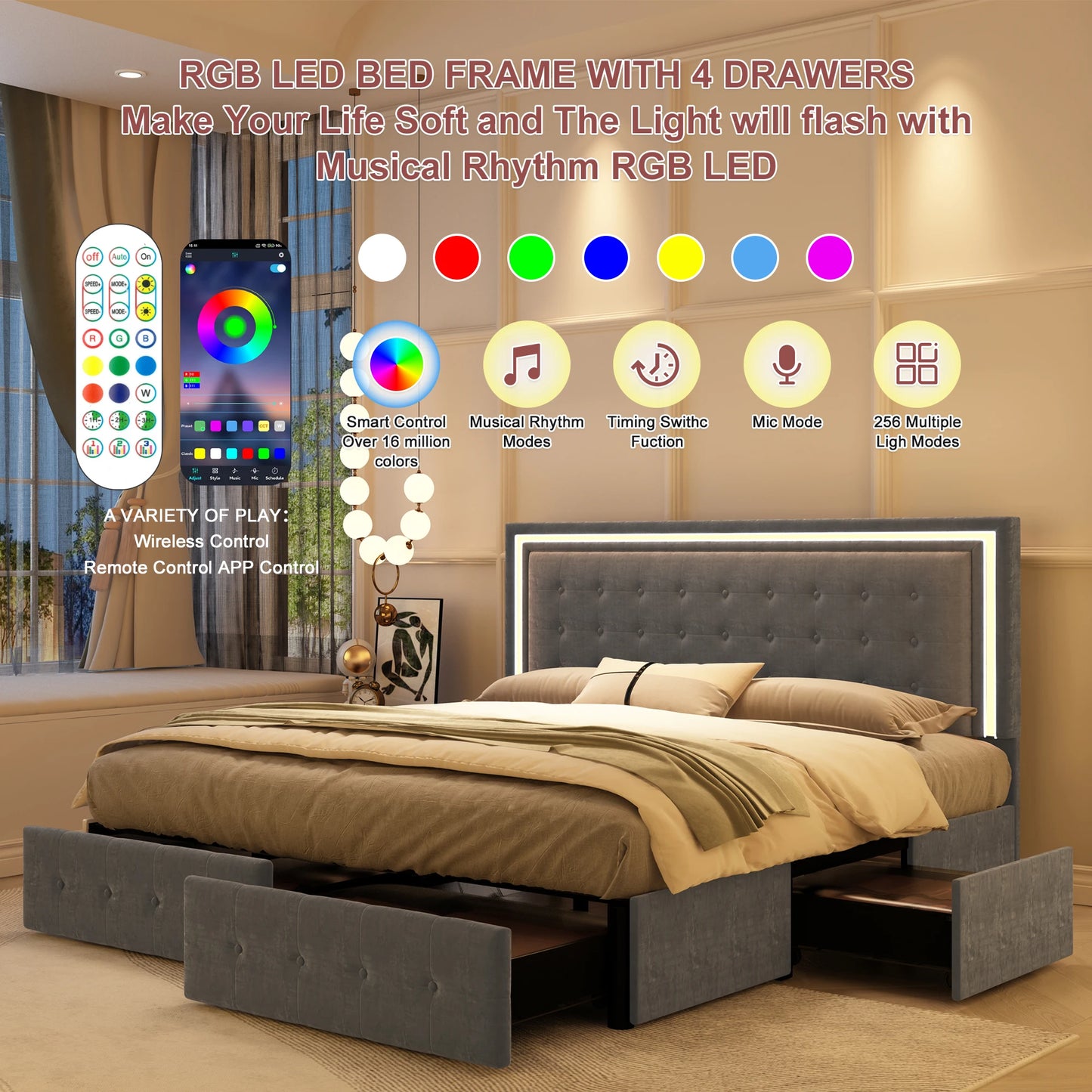 GEGOFORU Queen LED Bed Frame 4 Storage Drawers RGBW Headboard PU Upholstered