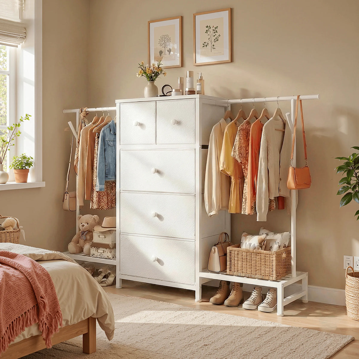 5 Drawer Dresser With Hanging Rod And Shoe Rack Bedroom Closet Organizer