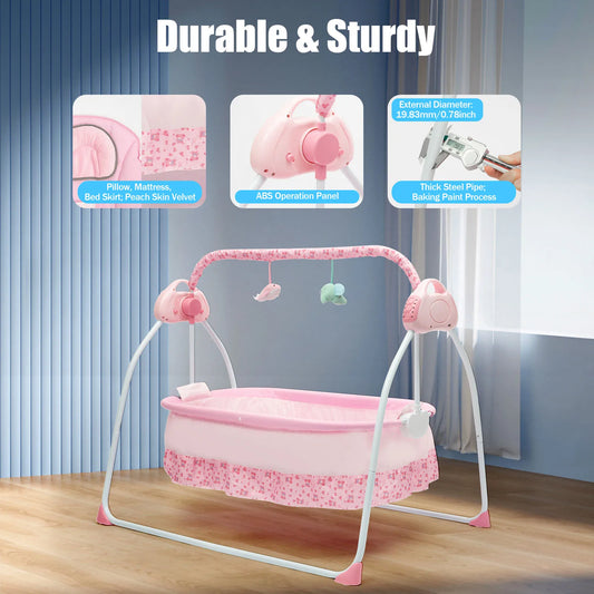 Electric Baby Crib Cradle 0 To 18 Months Foldable Swing Pink Portable