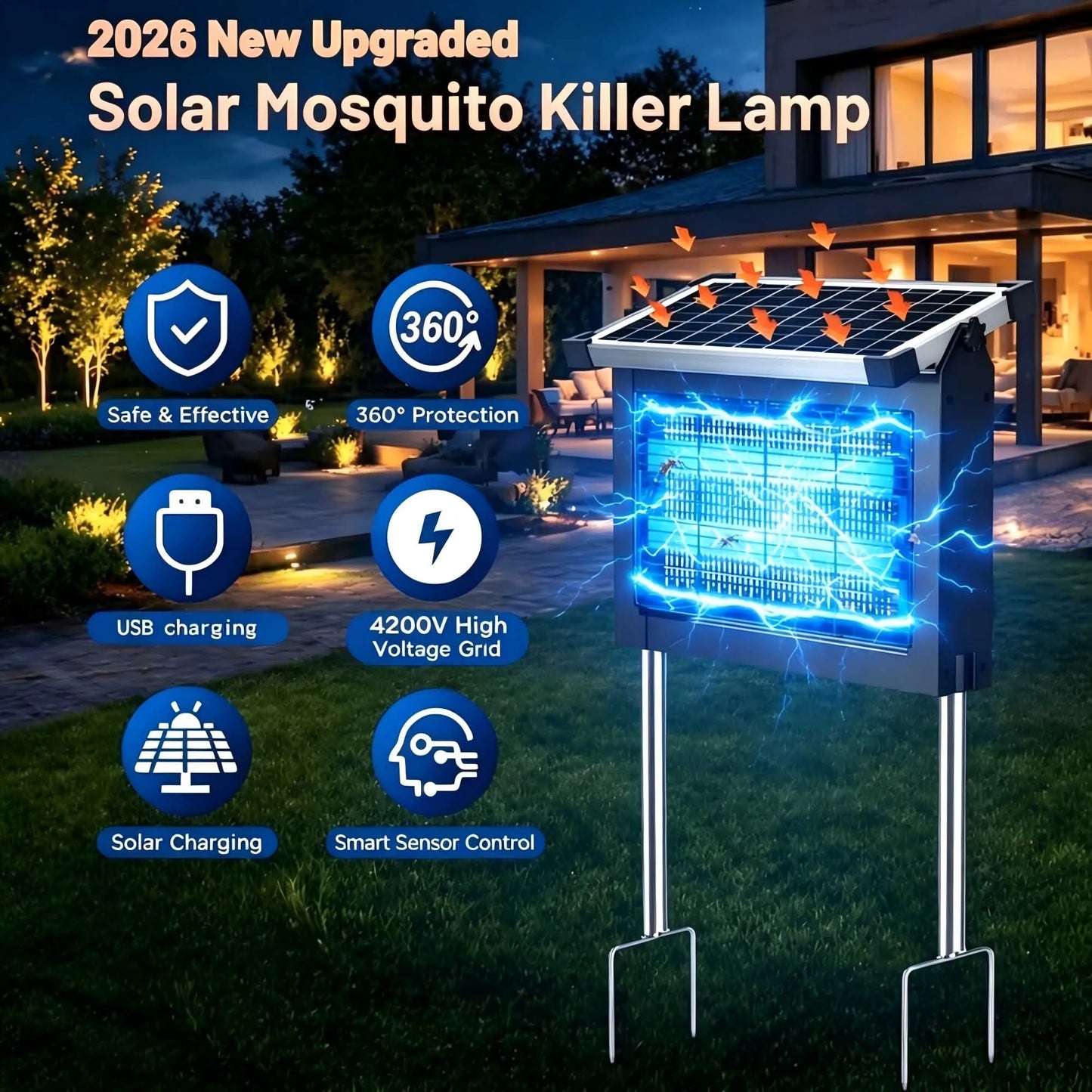 Solar Bug Zapper Outdoor 4500V Waterproof Mosquito Killer Panel Sensor