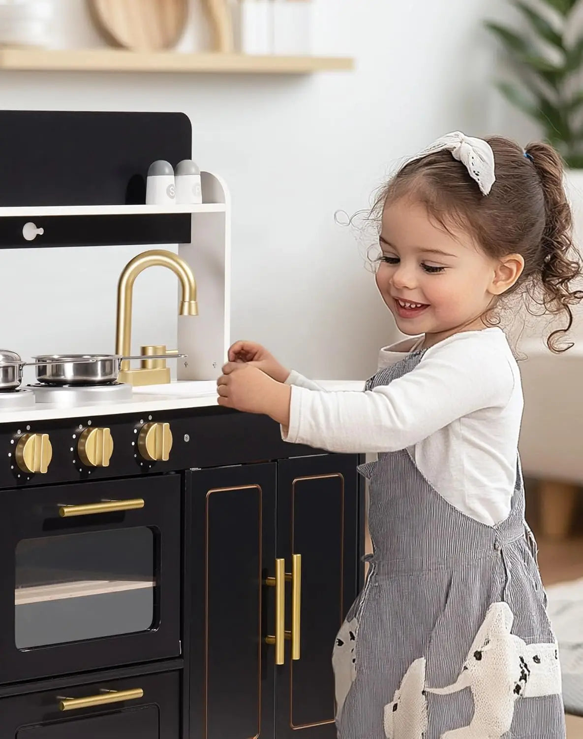 Robotime Play Kitchen Wooden Kids Toddler Kitchen Pretend Play with Marble-Style Countertop Modern Toy Kitchen for Girls Boys