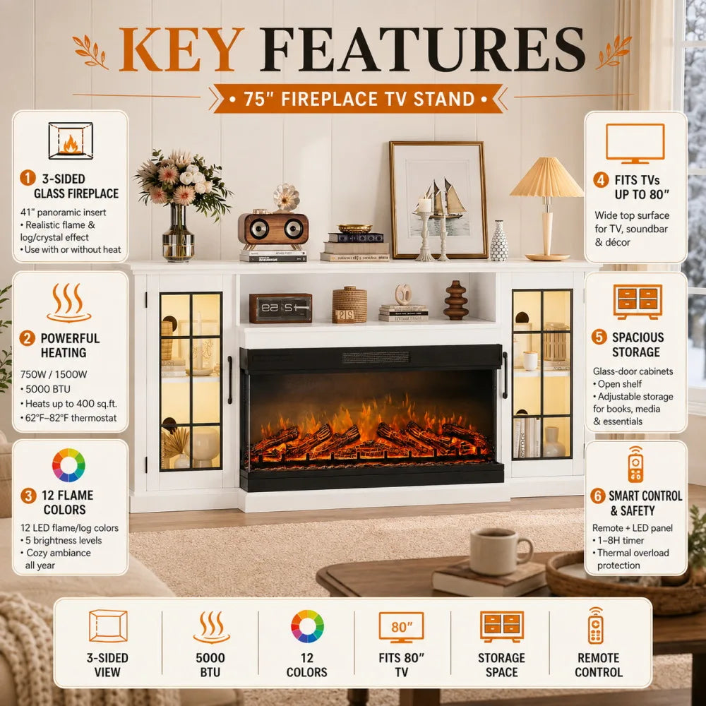 75“ TV Stand with Electric Fireplace, Farmhouse Entertainment Center for 80 Inch TV, 3-Sided Glass Fireplace Heater 5000BTU, 12 Flame Colors, Storage Cabinet with Shelves, Remote Control, Living Room Furniture
