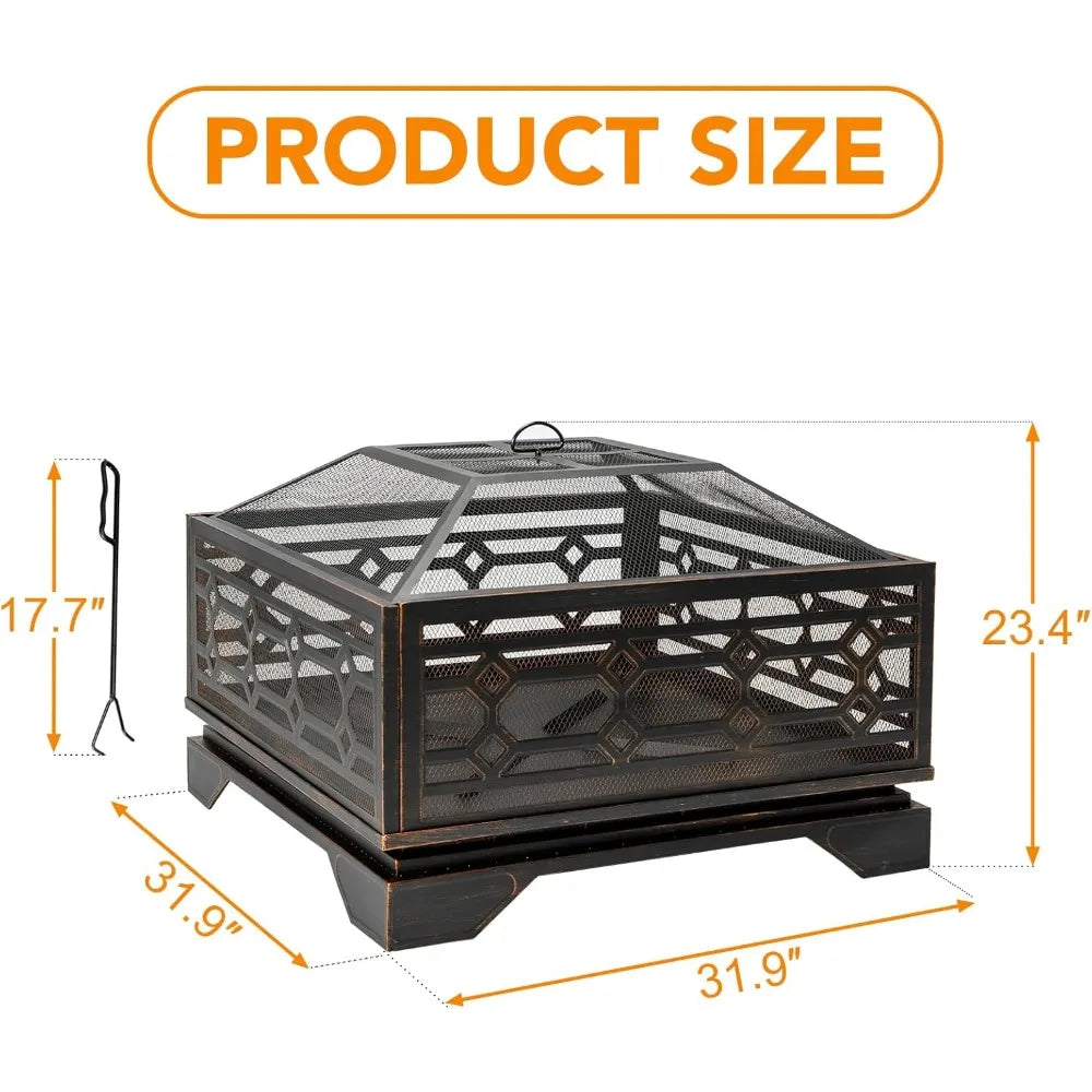 Large Square Outdoor Wood Burning Fire Pit With Mesh Cover