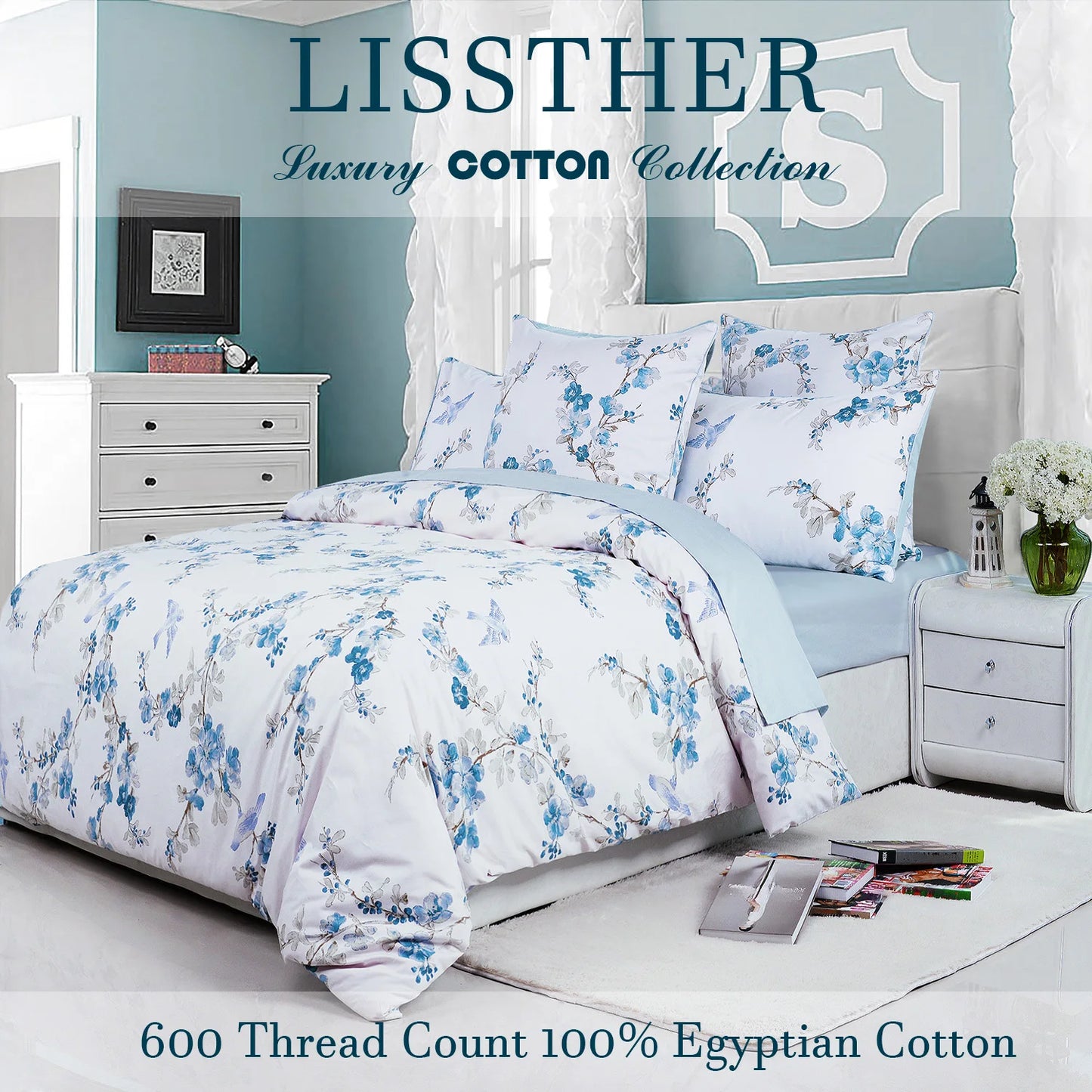 3Pcs 600TC 100 Percent Egyptian Cotton Duvet Cover Set Blue Watercolor Floral