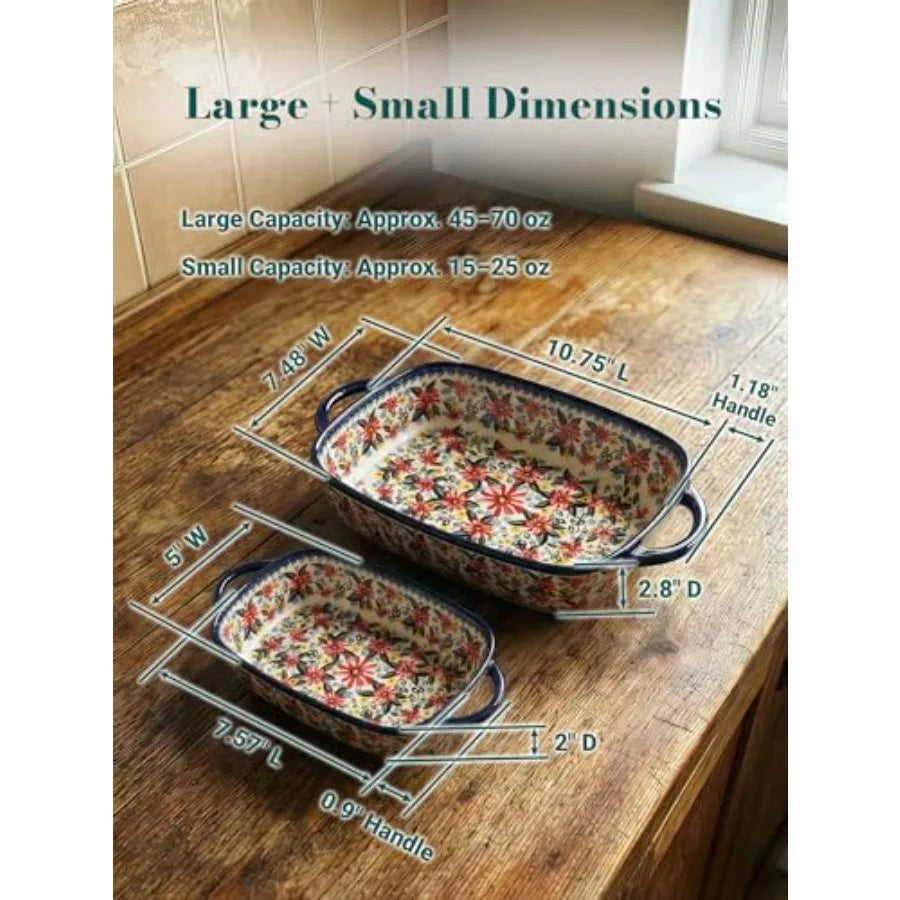 Polish Pottery Style Ceramic Baking Dish Set 2 Piece Floral Casserole Oven Safe