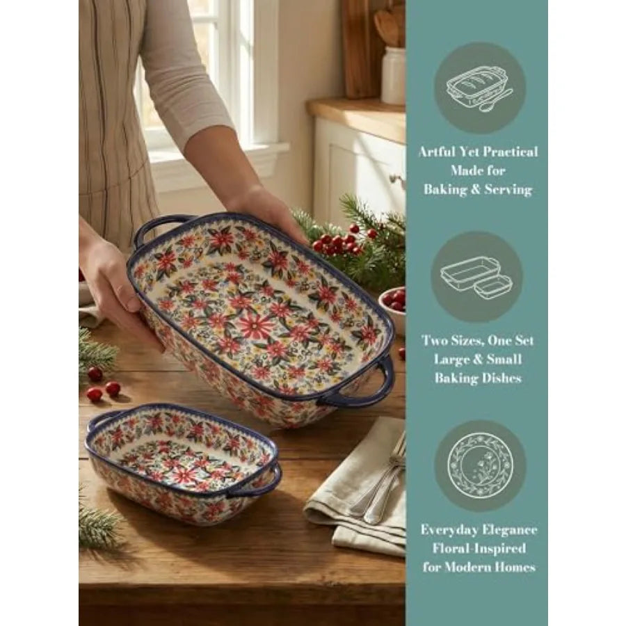 Polish Pottery Style Ceramic Baking Dish Set 2 Piece Floral Casserole Oven Safe