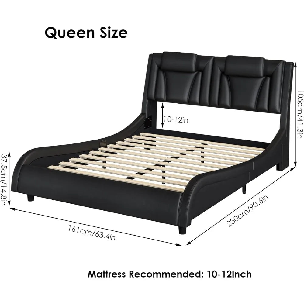 Bed frame, Adjustable LED Headboard Wave-Like Curve Design Solid Wooden Slats Support No Box Spring Needed, Bedroom Furniture