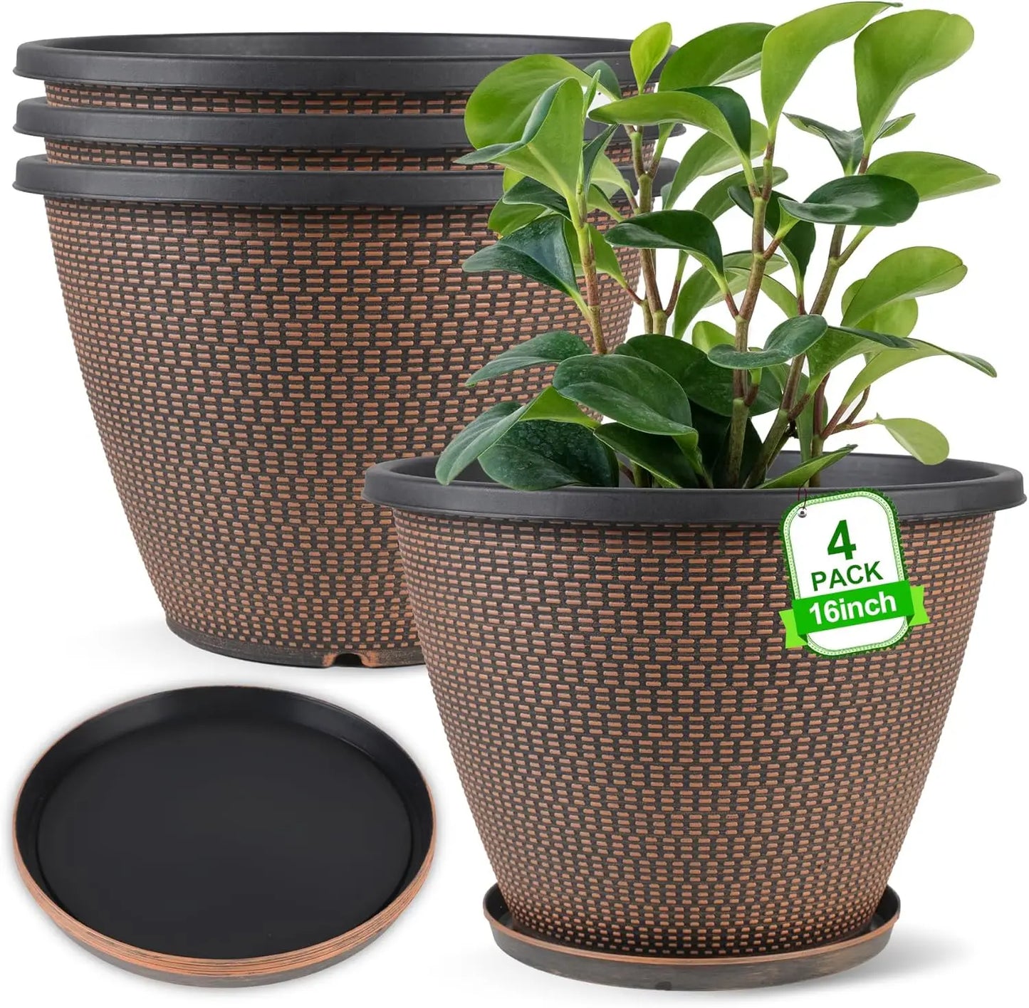 16 Inch Plant Pots Set Of 4 With Trays Lightweight Plastic Planters Black Copper