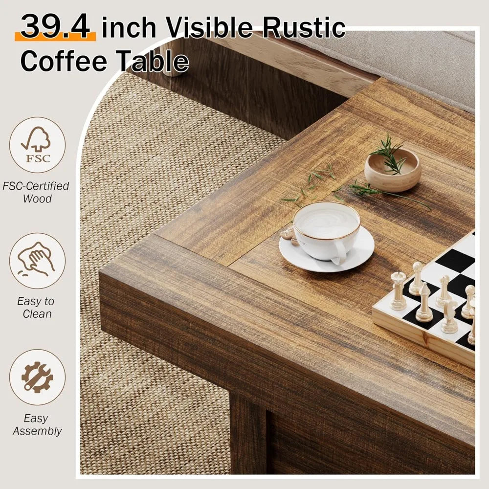 Rustic X-Design Wooden Pedestal Coffee Table for Living Room, Space-Saving Rectangle Home Furniture, Easy Assembly