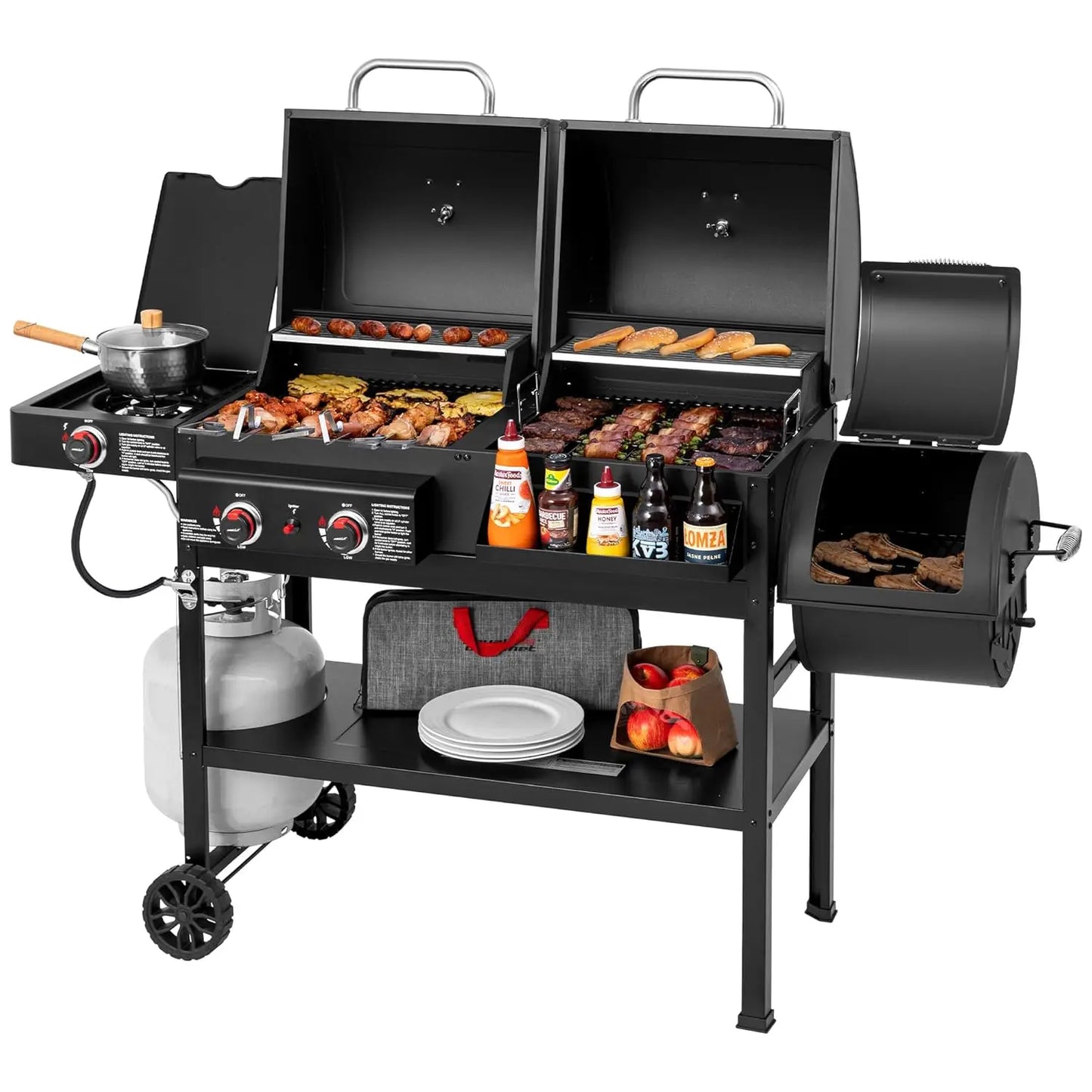 Dual Fuel Charcoal And Gas Grill With Offset Smoker 34000 BTU 1020 Square Inches