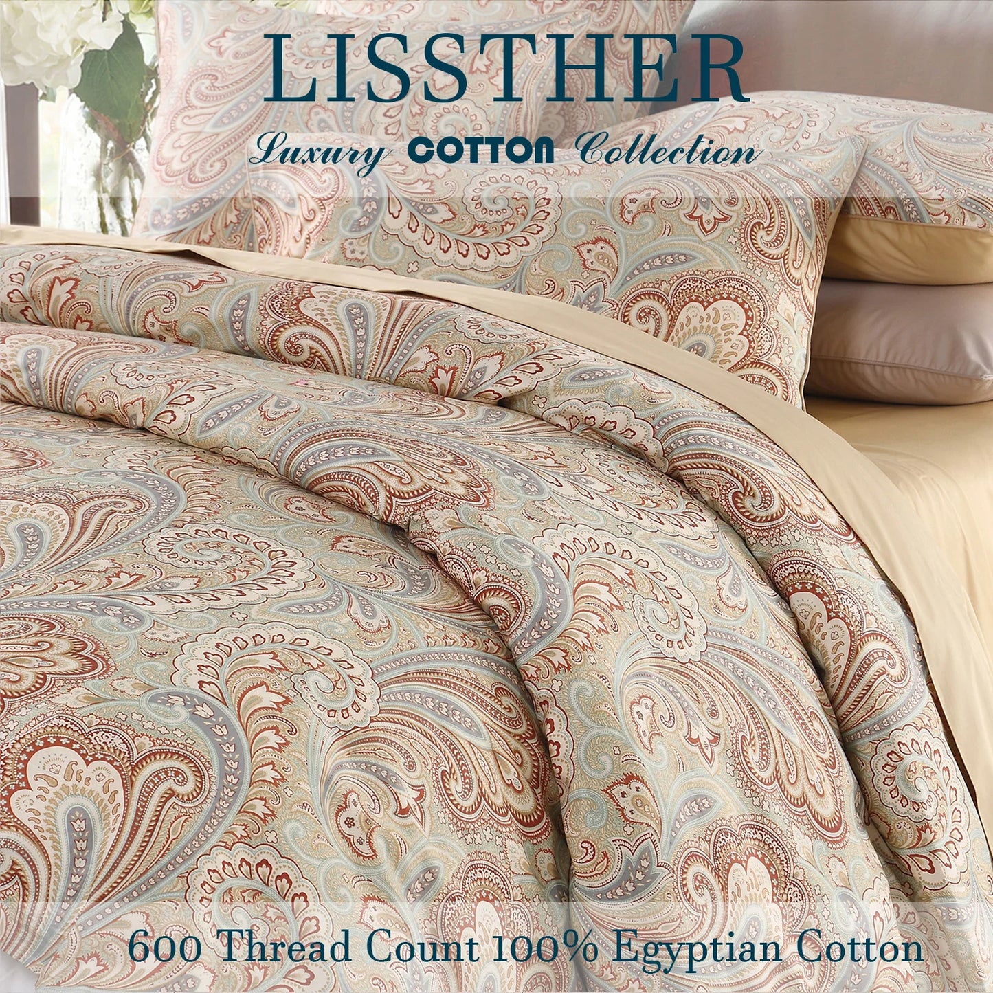 Three Piece 600TC Duvet Cover Set 100 Percent Egyptian Cotton Boho Paisley