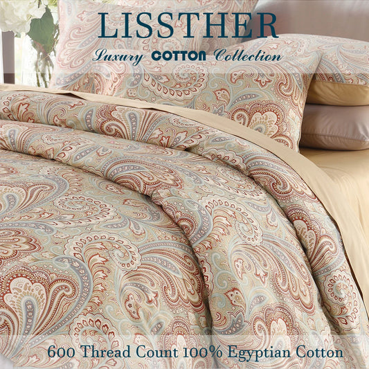 Three Piece 600TC Duvet Cover Set 100 Percent Egyptian Cotton Boho Paisley