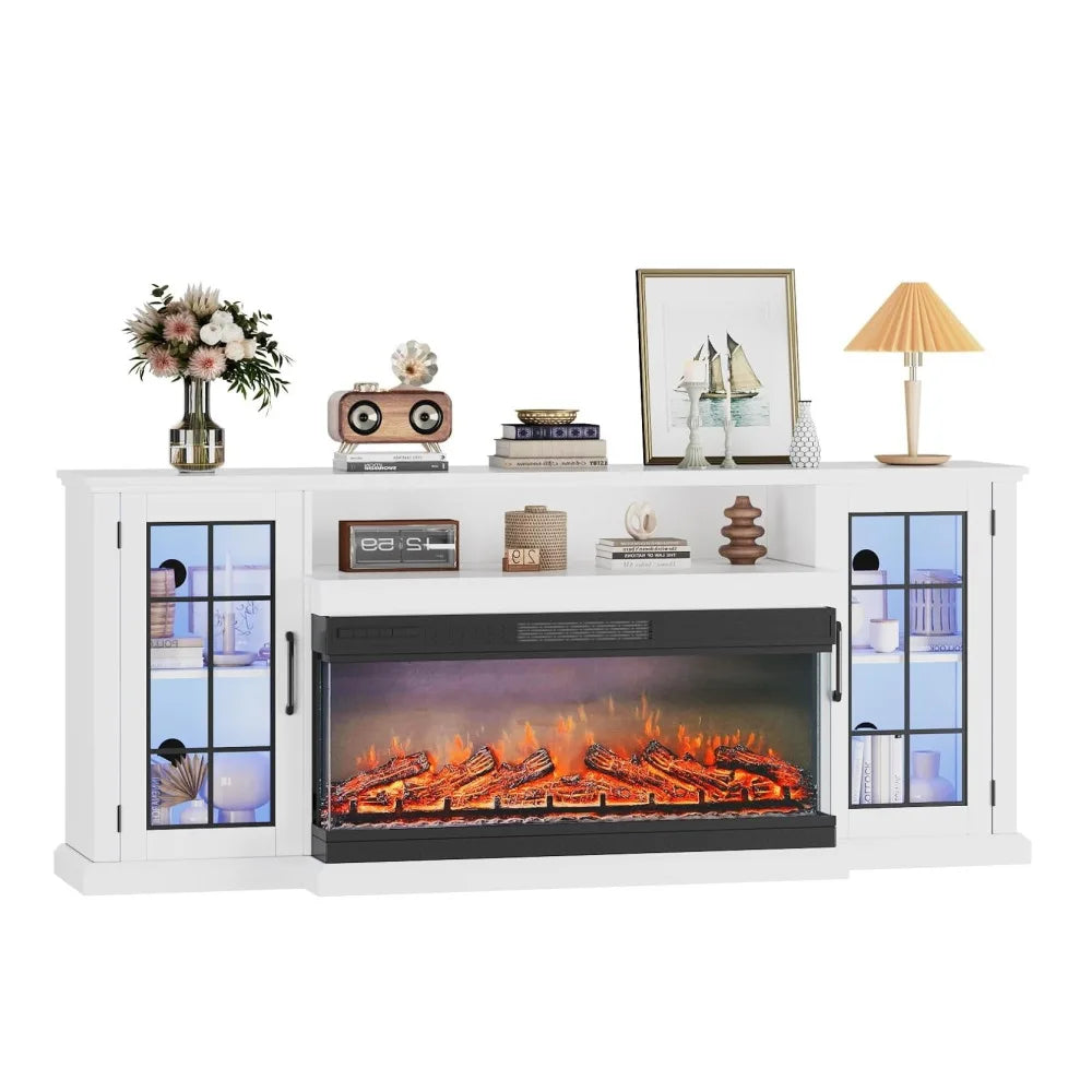 75“ TV Stand with Electric Fireplace, Farmhouse Entertainment Center for 80 Inch TV, 3-Sided Glass Fireplace Heater 5000BTU, 12 Flame Colors, Storage Cabinet with Shelves, Remote Control, Living Room Furniture