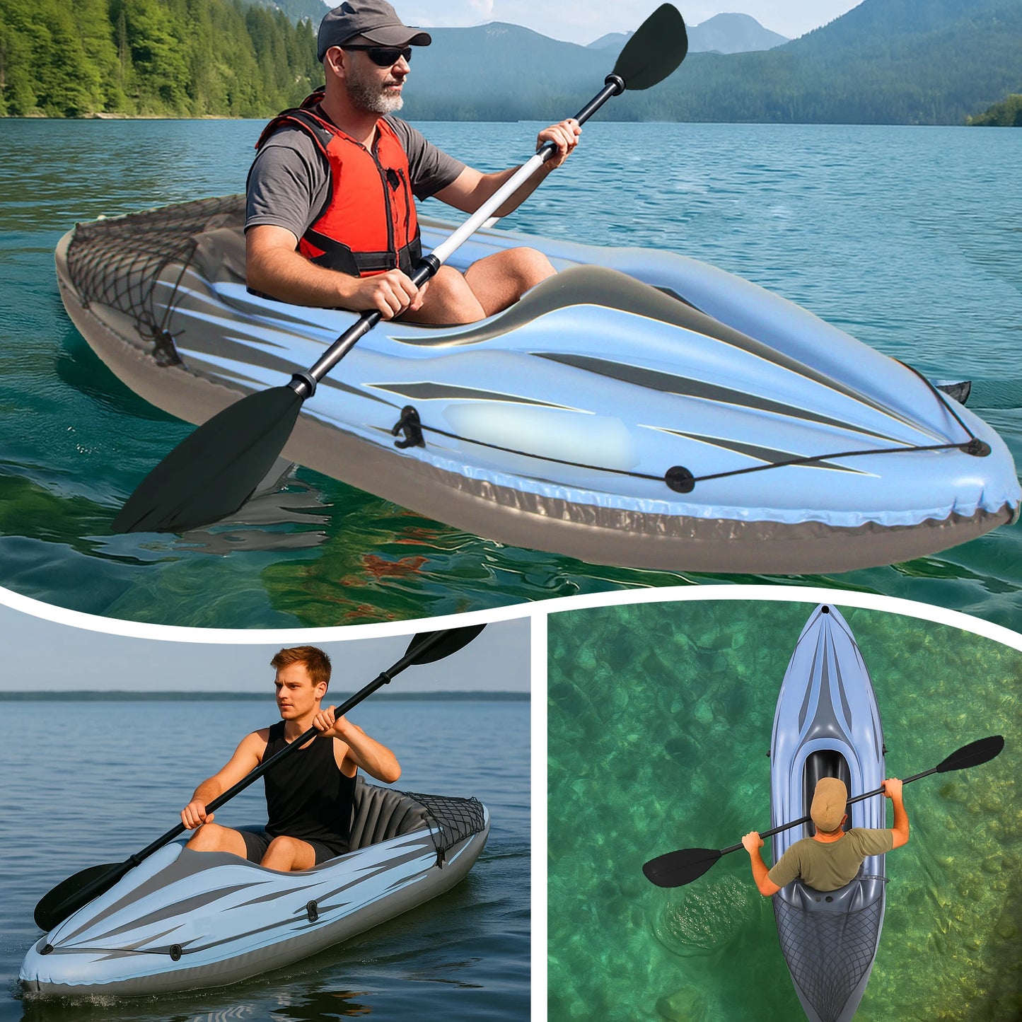 Blue Inflatable One Person Kayak Fishing Paddles Bag Seats High Output Pump Fin