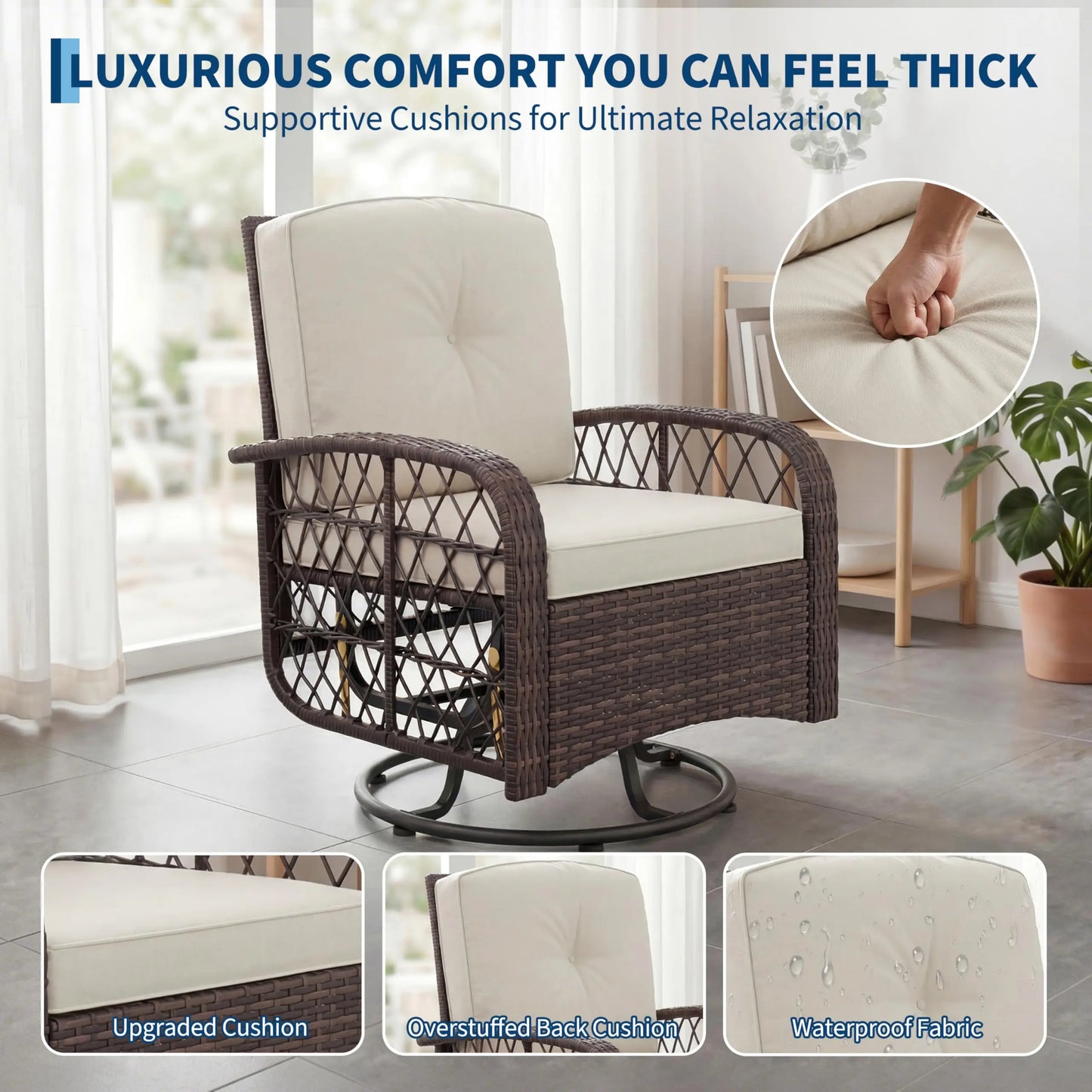 3 Piece Patio Furniture Set, Outdoor Swivel Glider Rocker Chairs With Washable Cushions & Glass Table For Porch Backyard