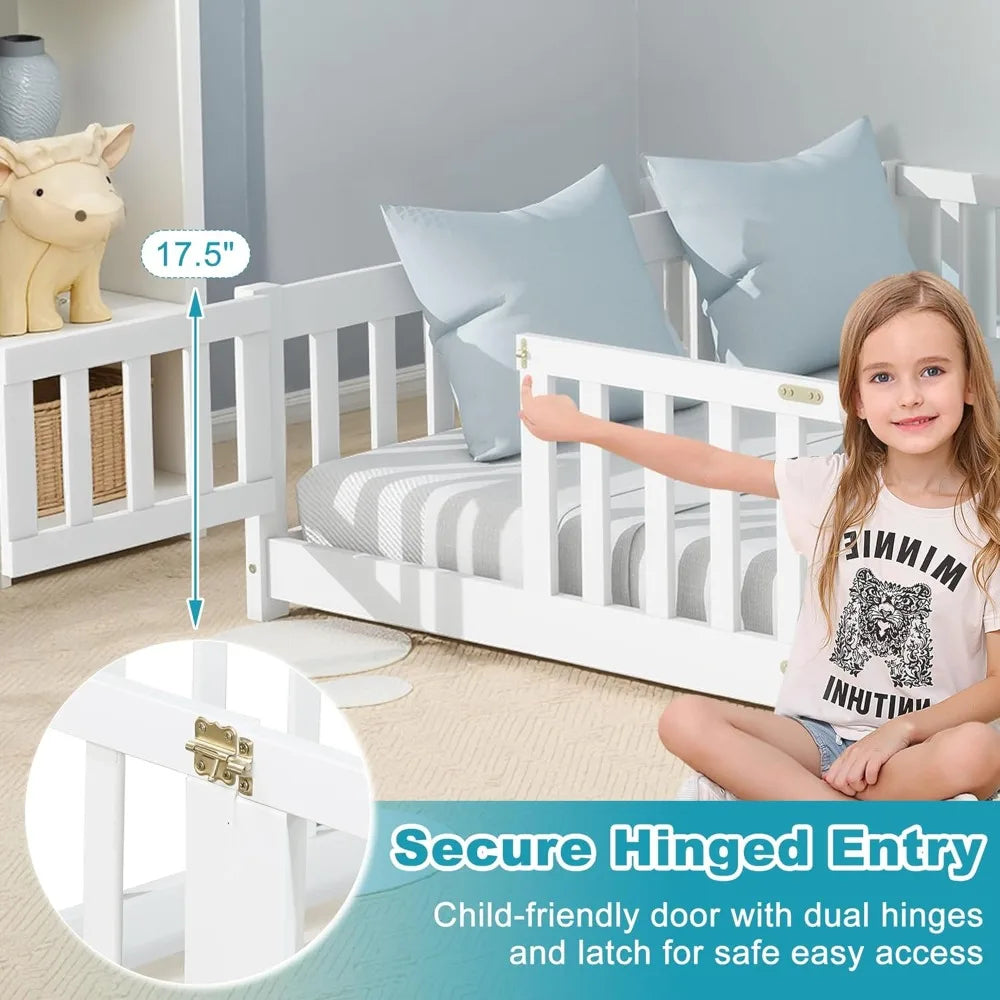 Full Size Floor Bed, Toddler Floor Bed Frame with High Guardrails, Solid Wood Montessori Beds Full with Support Slats, Fence and