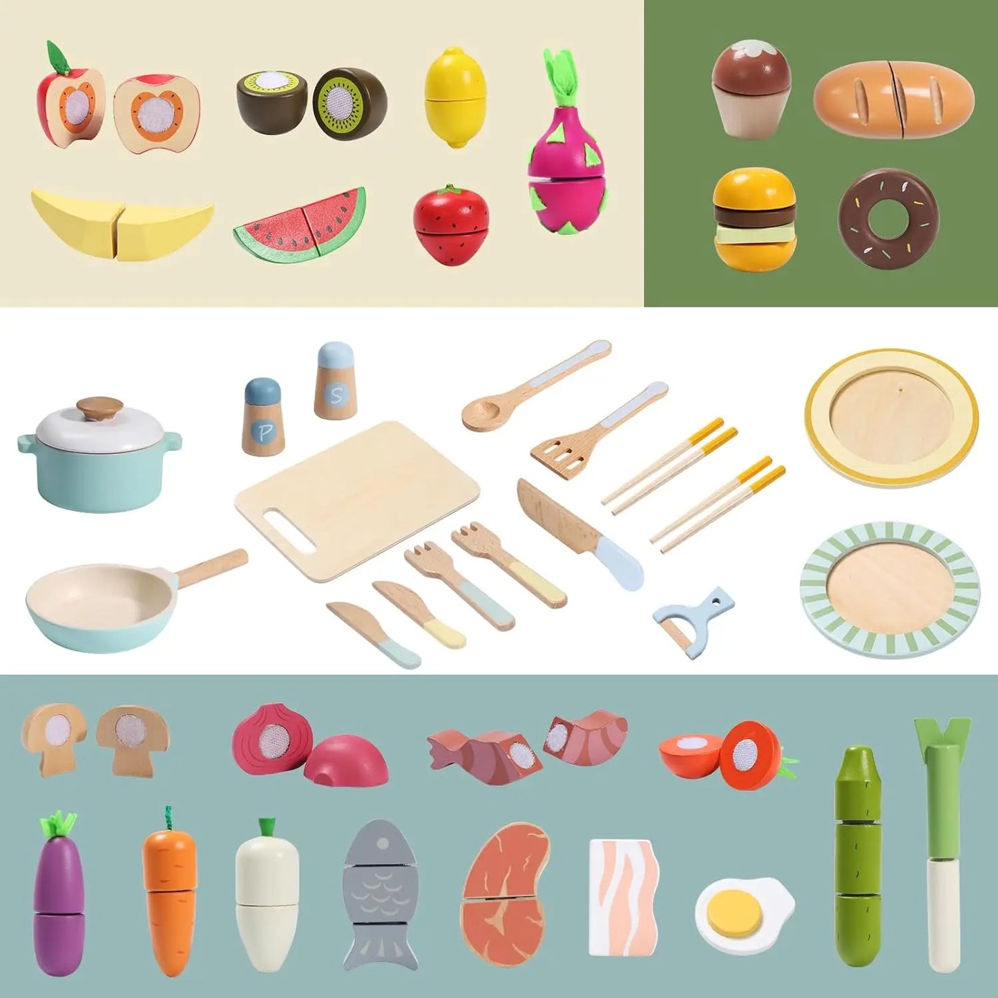 Wooden Play Food Set 78Pcs Pretend Kitchen Toys For Kids