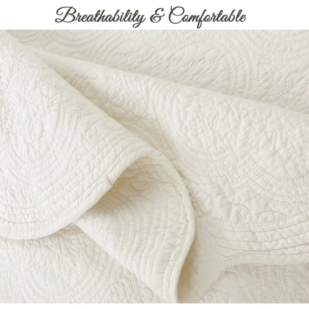 Off White Cotton Matelasse Embossed Quilt Set Reversible Lightweight Bedspread